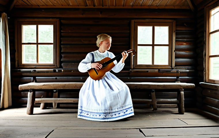 Kokles Player in Traditional Setting**

"A Latvian woman playing the *kokles*, a traditional stringed instrument, in a rustic wooden cabin. She is fully clothed in a modest, embroidered linen dress, appropriate attire for a folk musician. Soft, natural light filters through the window. The scene evokes a sense of history and tradition. Safe for work, perfect anatomy, natural proportions, high quality, professional photography, family-friendly, appropriate content."

**