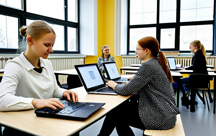 라트비아 교육 제도 - Modern Latvian Classroom**

"A bright, modern classroom in Latvia. Fully clothed students of diverse...