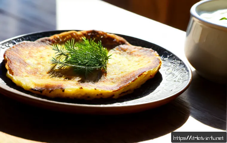 Home 9 라트비아 감자 팬케이크 레서피 - Photorealistic Latvian potato pancakes freshly pan-fried to a crisp golden brown, arranged on a hand...