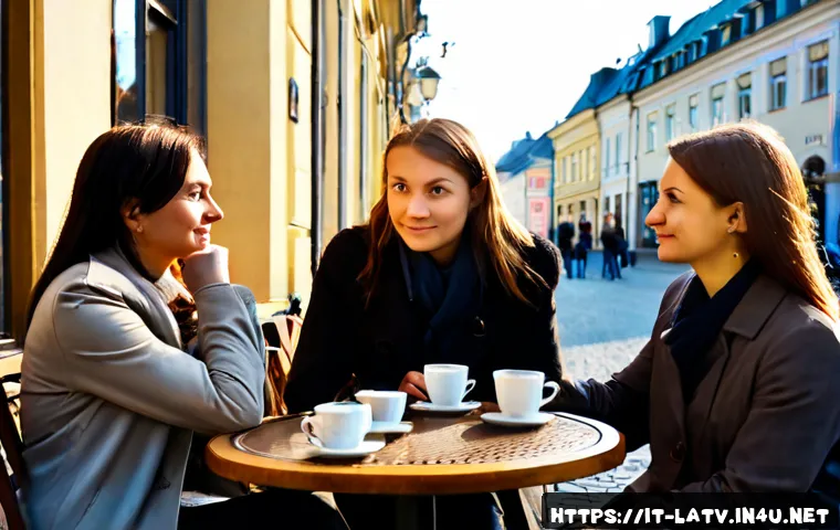 Home 17 라트비아 국민성 - Photorealistic candid scene in Riga, Latvia: a small group of thoughtfully dressed Latvian friends e...